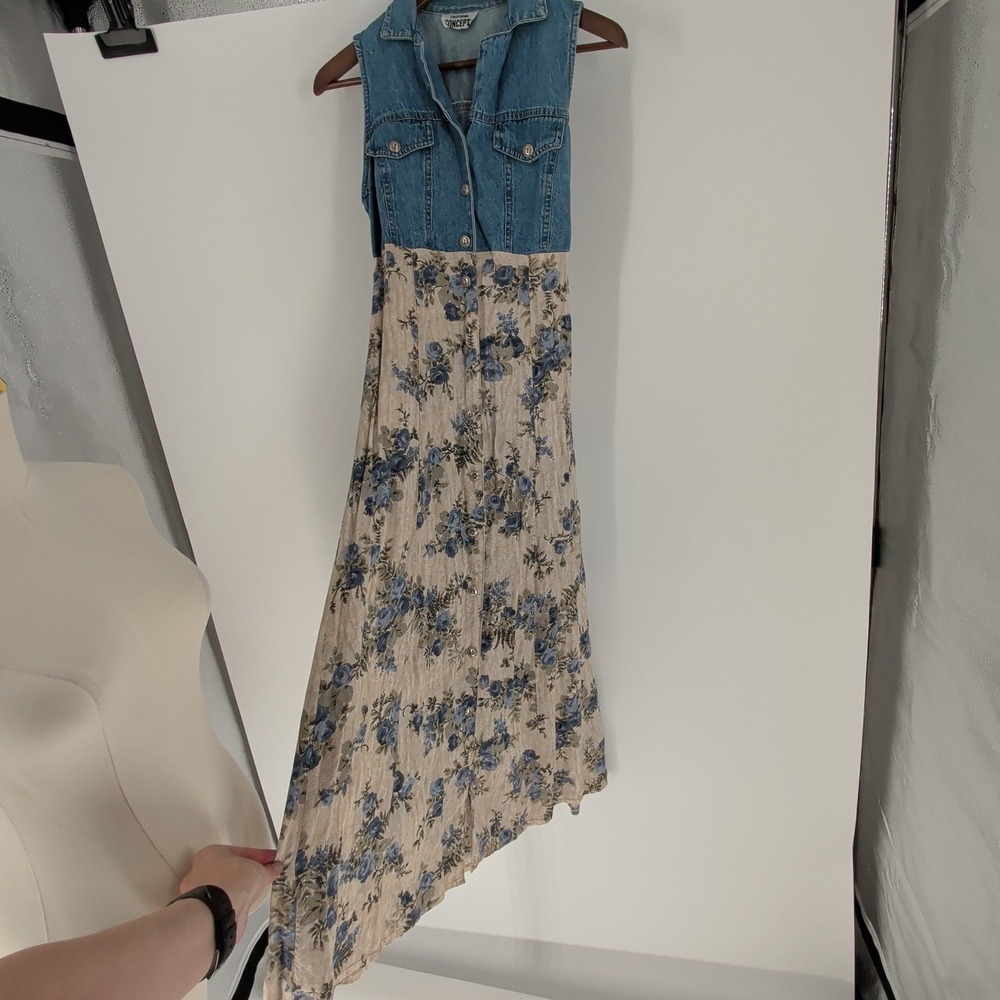 Vintage 90s California Concepts Denim Floral Maxi Dress Cottagecore Western - Picture 2 of 11